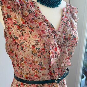 Capucino Floral Sleeveless Midi Dress – Vintage Romantic Ruffles, Size 8